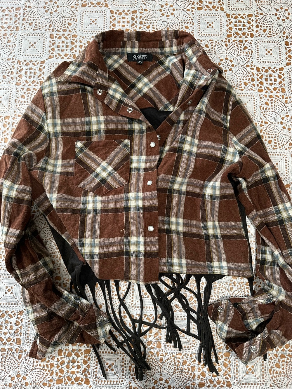 Lala Land Creative Co Nashville Fringe Plaid Flannel Shirt Jacket Shacket Size S